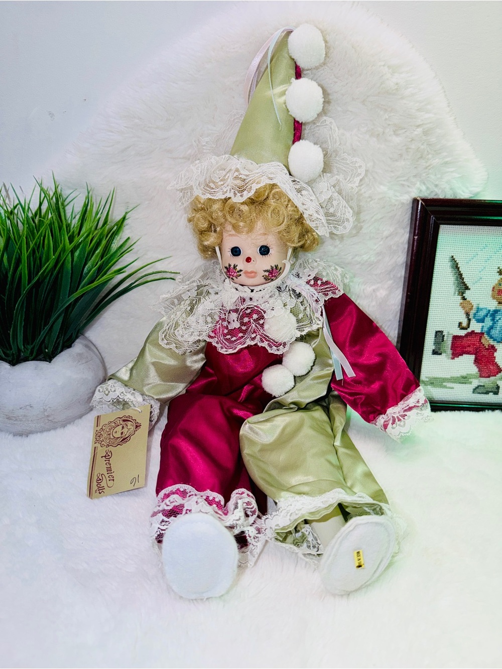 16” Premier Dolls Porcelain Clown in Olive & Red Outfit w/ Lace Trim 🔥